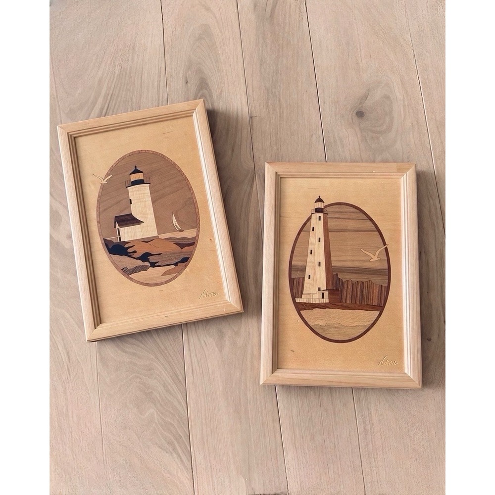 Vintage Hudson River Inlay Lighthouse Wood Wall Art Set 2 Signed Nelson